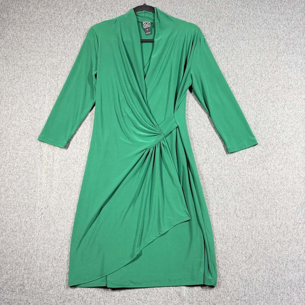 Clara Sun Woo Green Faux Wrap Draped Midi Dress Womens Medium 3/4 Sleeve Stretch